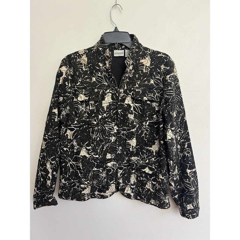 Chico's Jacket Womens Textured Embroidered Floral Full Zip L Artsy Boho Chic‎